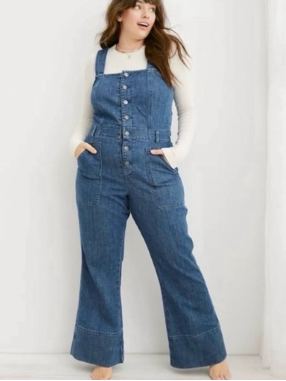 AERIE Denim Wide-Leg Overalls